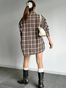 DAZY Women's Plaid Loose Turndown Collar Long Sleeve Shirt, Coffee Brown, Spring/Summer/Autumn