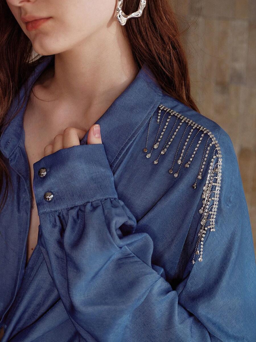 MOTF PREMIUM RHINESTONE FRINGE DECOR BATWING SLEEVE BLOUSE - Blue - View 2