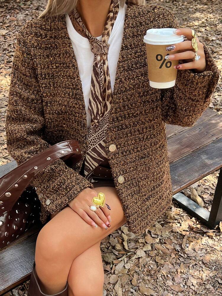 Women's Casual V-Neck Floral Tweed Regular Jacket, Autumn Women Coats
