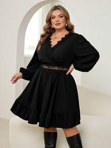 SHEIN CURVE+ Váy ren vá màu trơn thanh lịch cỡ lớn - màu đen - Xem 10