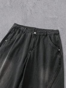 Manfinity Denimwave 男士长款黑色牛仔阔腿裤，带拉链和艺术感十足的红色龙纹装饰，宽松舒适，Y2K风格龙纹印花裤 - 黑色 - 查看 5