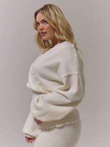 MUSERA Áo len cổ chữ V, viền móc, dáng ngắn, cỡ lớn, chất liệu dệt kim, có phần thắt eo, thích hợp cho mùa thu, đông, ấm áp, mặc hàng ngày, mùa xuân. - Màu be - Xem 3