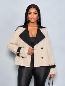 SOLERSUN Abrigo corto de trinchera de mujer elegante y casual con doble botonadura, cuello de parche, bloque de color y cinturón en caqui y negro para otoño/invierno. Abrigo de trinchera casual de otoño/invierno, ropa de otoño básica, abrigo holgado de negocios casuales, ropa de abrigo de otoño, abrigo de otoño, ropa de otoño, atuendos de mujer, ropa de invierno, uso diario