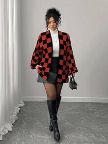 Elenzga Áo khoác cardigan tay dài họa tiết ô vuông màu sắc thường ngày thu/đông dành cho nữ cỡ lớn, rộng rãi, thoải mái, đi nghỉ, tiệc tùng - Màu Cam cháy - Xem 3