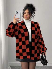 Elenzga Áo khoác cardigan tay dài họa tiết ô vuông màu sắc thường ngày thu/đông dành cho nữ cỡ lớn, rộng rãi, thoải mái, đi nghỉ, tiệc tùng - Màu Cam cháy - Xem 7