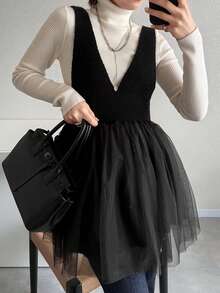 FRIFUL 女士深V领网纱拼接荷叶边下摆无袖针织上衣，秋冬款 - 黑色 - 查看 4