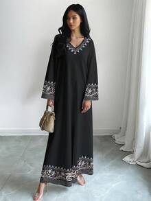 SHEIN Najma 女士佩斯利印花V领长袖优雅阿拉伯风格连衣裙，适合春秋季穿着 - 彩色 - 查看 4