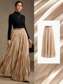MOTF PREMIUM SOLID PLEATED BUCKLE BELTED SKIRT - Khaki - View 8
