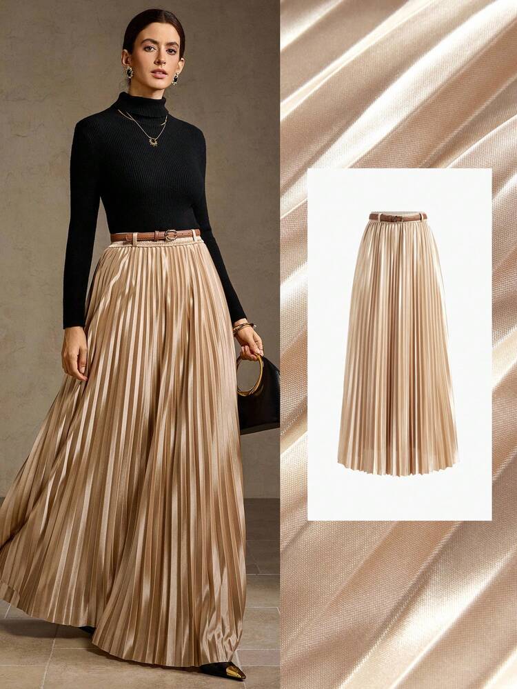SOLID PLEATED BUCKLE BELTED SKIRT
