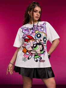 THE POWERPUFF GIRLS X SHEIN 大码女式休闲时尚街头风日常通勤趣味可爱花朵、泡泡、毛茛图案落肩宽松白色T恤 - 白色 - 查看 5