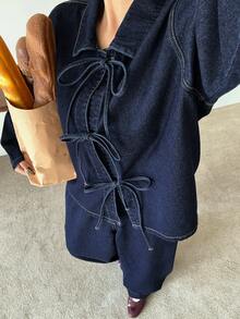 Dazy Plus Bộ đồ denim 2 mảnh cổ điển màu xanh đậm, áo rộng thắt nơ thời trang thường ngày và quần jean dài ống đứng, bộ đồ denim cỡ lớn cho nữ - Rửa tối - Xem 1