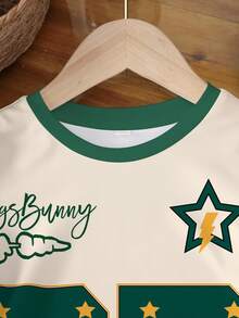 LOONEY TUNES X SHEIN 男婴休闲字母兔子印花圆领短袖上衣，夏季 - 白色 - 查看 3