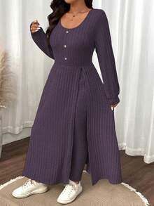 SHEIN LUNE Plus Size Women Solid Color Fuzzy Ribbed Minimalist Casual Autumn/Winter Top And Slim Fit Pants Set - Purple - View 3