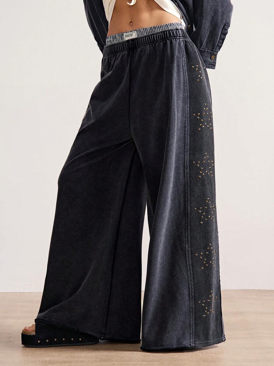 Bohemela Calças largas femininas casuais de malha de cor sólida - Preto - Ver 1