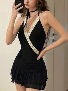 Sweetina Váy lưới ren tương phản không tay màu đen thanh lịch theo phong cách miền Tây Boho Country Concert mùa hè - màu đen - Xem 1