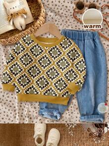 SHEIN 芥末黄，休闲复古仿菱形针织几何印花，女婴休闲简约宽松圆领舒适日常柔软针织长袖卫衣，适合秋冬季穿着 - 彩色 - 查看 3