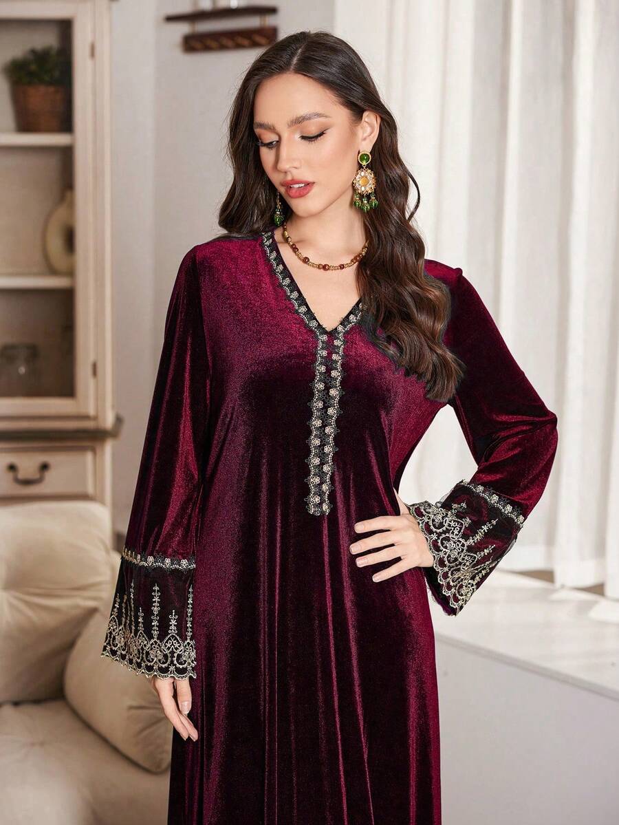 Al Najma Elegant Loose Fit Velvet Dress With Gold Embroidery Applique, Luxurious And Graceful Style, Suitable For Balls In Autumn/Winter Kaftan Jalabiya Dress - Burgundy - View 1