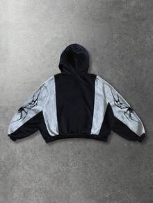 ROMWE MEN Goth Felpa con cappuccio da uomo con chiusura lampo, stile patchwork, colori a contrasto, stampa a ragno, vestibilità morbida, maniche lunghe