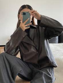 DAZY 女士休闲PU皮夹克，常规版型，秋季女式外套 - 咖啡棕 - 查看 6