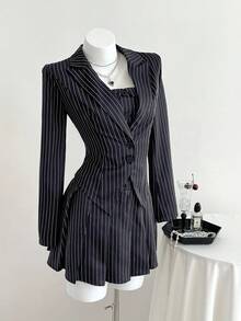 Elamini 2pcs Women's Striped Suit Set: Black Lapel Blazer Jacket And Pleated Dress, Commuting & School Style For Autumn/Winter - Navy Blue - View 1