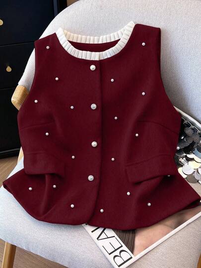 GlowEve CURVE 大码羊毛背心，荷叶边领，珍珠装饰，时尚通勤复古优雅简约无袖夹克