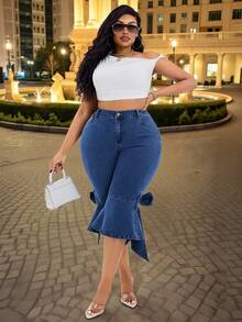 Slaydiva 大码女式弹力牛仔裤，饰有蝴蝶结，修身休闲七分喇叭裤腿牛仔套装 - 深色水洗藍 - 查看 6