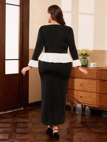 Auvina Plus Size Contrast Color Round Neck Long Sleeve Top And Fitted Skirt 2 Pieces Set - Black - View 2