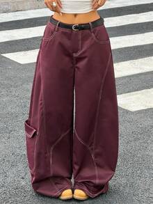 Muchica 感恩节酒红色梭织阔腿裤，女士款，撞色滚边，时尚百搭 - 酒紅色 - 查看 4