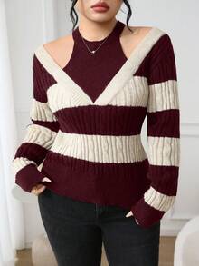 Modelyn Plus Size Elegant Colorblock Cable Knit Sweater, Autumn Fall - Burgundy - View 4