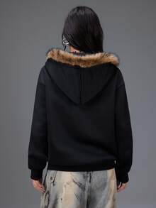 Bloopia Sudadera con capucha y cremallera con bordado de letras para mujer