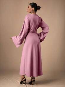 EURMUSE Women's Solid Color Round Neck Pleated Elegant Long Sleeve Dress - Baby Pink - View 2