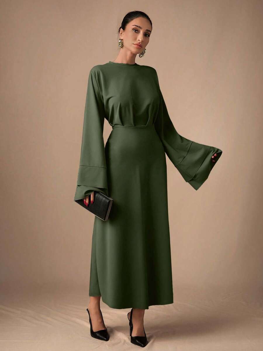 EURMUSE Elegant Commuter Solid Color Bell Sleeve Dress - Army Green - View 1