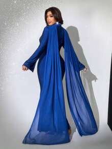 Viva Relle Robe de fête longue à manches longues, col châle, ajustée avec ourlet queue de poisson, pour femmes grande taille. Robe de soirée élégante pour femmes, robe de cérémonie, robe de fête pour femmes. - bleu indigo - Voir 2