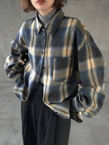 FRIFUL 女式绿色格子面料背面撞色编织标签装饰落肩长袖宽松休闲百搭时尚衬衫，秋季 - 杏色 - 查看 5