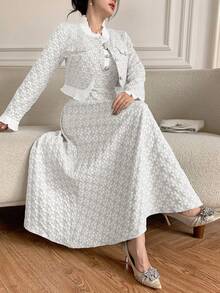 Modelyn Embossed Ruffle Front Button Long Sleeve Jacket And Sleeveless Dress Elegant 2 Pieces Set - Beige - View 2
