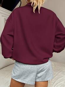 SHEIN EZwear 女款休閒寬鬆拉鍊高領運動衫，小碎花與小馬印花，酒紅色，適合秋冬圖案紅新年派對 - 中紫紅色 - 查看 2