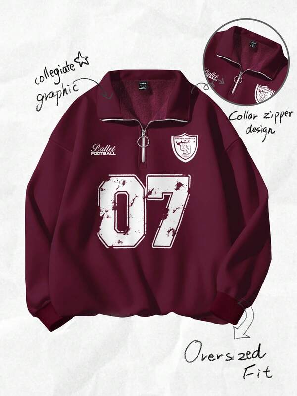 Attitoon Casual Loose Fit Number 07 Print Half-Zip High Neck Sweatshirt For Women, Suitable For Autumn/Winter Graphic Red