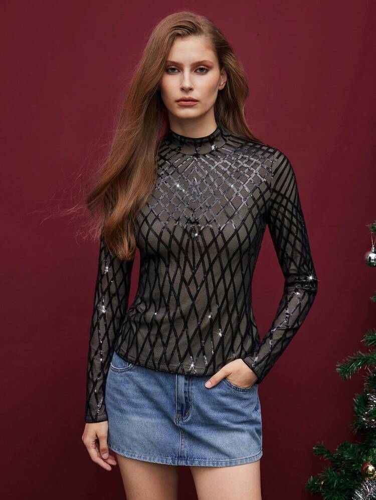 SHEIN Maija Black Turtleneck Long Sleeve Semi-Sheer Autumn/Winter Women's Basic Top, Diamond Grid Mesh Beaded Decor, Suitable For Party, Holiday, Christmas Stylish Clothing Collection Sequin Top Elegant Blouses For Women