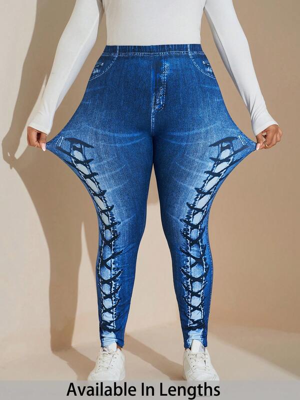 SHEIN Tall CURVE Plus Size Women's High Waisted Denim Effect Print Leggings, Fashionable & Versatile