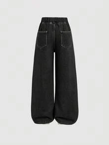 SHEIN Celana Jeans Biru Denim Longgar Model Basic untuk Remaja Perempuan, Lapisan Termal, Musim Gugur/Dingin - Hitam - View 3