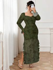 Modelyn 女士印花荷叶边开衩优雅性感连衣裙 - 軍綠色 - 查看 6