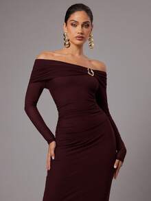 Silquee Women's Solid Color Minimalist Long Sleeve Casual Dress,Dresses For Women Elegant - Maroon - View 4