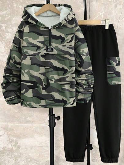 2pcs/Set Teens' New Thick Camo Hooded Half-Zip Sweatshirt And Camo Cargo Jogger Pants Casual Sports Outfit, Winter