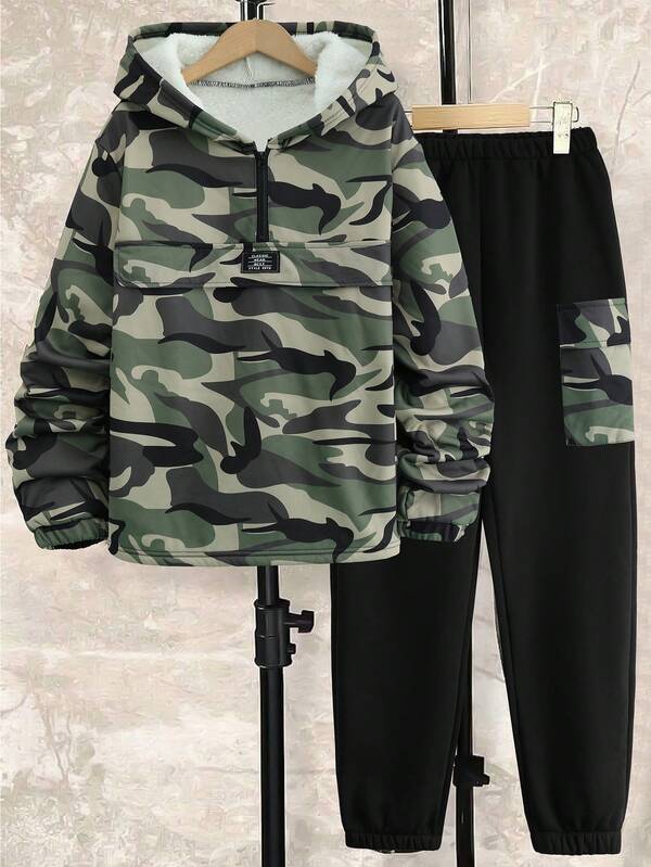2pcs/Set Teens' New Thick Camo Hooded Half-Zip Sweatshirt And Camo Cargo Jogger Pants Casual Sports Outfit, Winter