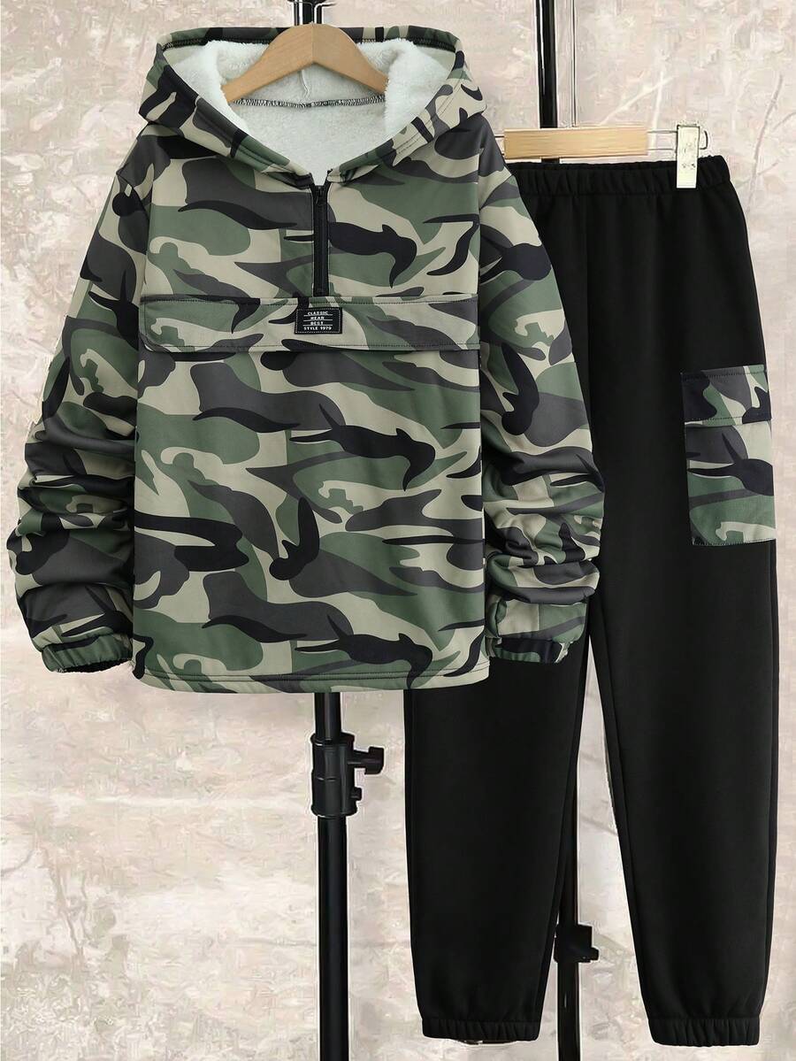 2pcs/Set Teens' New Thick Camo Hooded Half-Zip Sweatshirt And Camo Cargo Jogger Pants Casual Sports Outfit, Winter - Multicolor - View 1