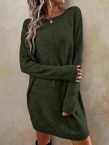 EMERY ROSE 女士休闲度假纯色圆领长袖毛衣连衣裙，秋冬季 - 綠色 - 查看 3