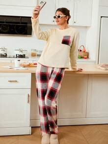 Lazeform Women's Flannel Plaid Top & Pants Fluffy Pajama Set, Cozy Winter Clothes - Apricot - View 2