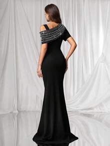 Coutiva Women's Elegant Faux Pearl & Rhinestone Decor Fish Tail Hem Formal Evening Gown Women's Formal Evening Dress Gown (Heavy Embroidery) Women Rhinestone Embellished Sheer Black Long Evening Gown, Wedding Guest Dress, Elegant Evening Dress, Prom Dress, For Wedding Dress Waist And Chest Slimming, Party Dress, Formal Dress - Black - View 2