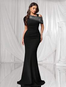 Coutiva Women's Elegant Faux Pearl & Rhinestone Decor Fish Tail Hem Formal Evening Gown Women's Formal Evening Dress Gown (Heavy Embroidery) Women Rhinestone Embellished Sheer Black Long Evening Gown, Wedding Guest Dress, Elegant Evening Dress, Prom Dress, For Wedding Dress Waist And Chest Slimming, Party Dress, Formal Dress - Black - View 5