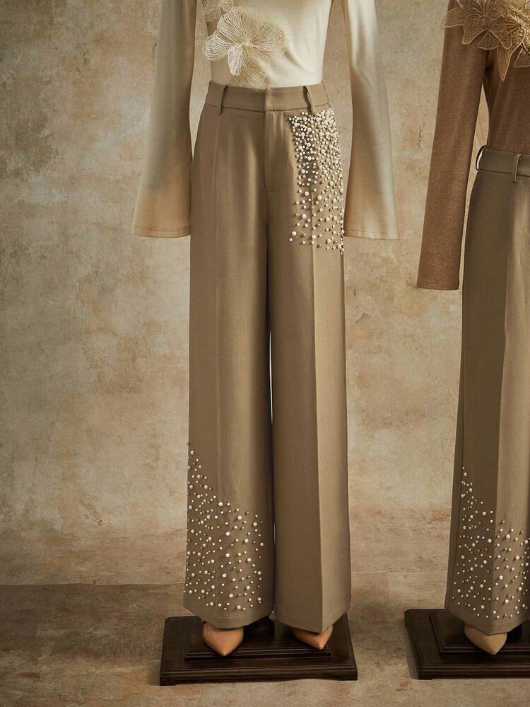Elegant Stylish Heavy Design Pearl & Rhinestone Embellished Beige Trousers, Suitable For Fall, Winter, Summer, Spring, New Year, Party, Wedding, Elegant, Chic, Stylish, Business Casual For Women